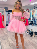 Strapless Pink Pleated A-Line Homecoming Dress with Removable Sleeves jkw050|Selinadress