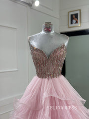 Pink Sweetheart Rhinestone Long Prom Dresses Multi-layered Evening Dresses SEA290|Selinadress