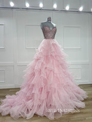 Pink Sweetheart Rhinestone Long Prom Dresses Multi-layered Evening Dresses SEA290|Selinadress