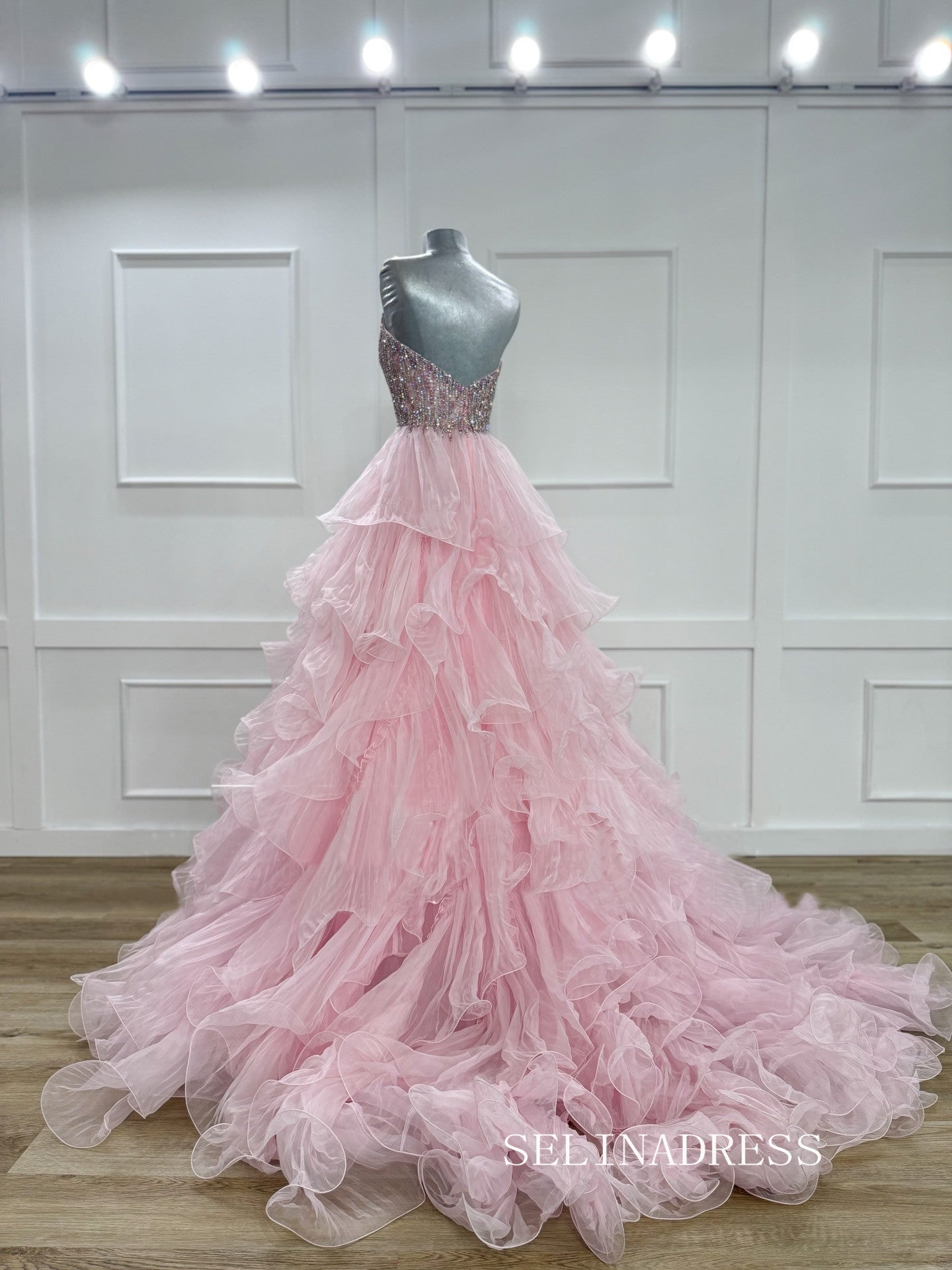 Pink Sweetheart Rhinestone Long Prom Dresses Multi-layered Evening Dresses SEA290|Selinadress