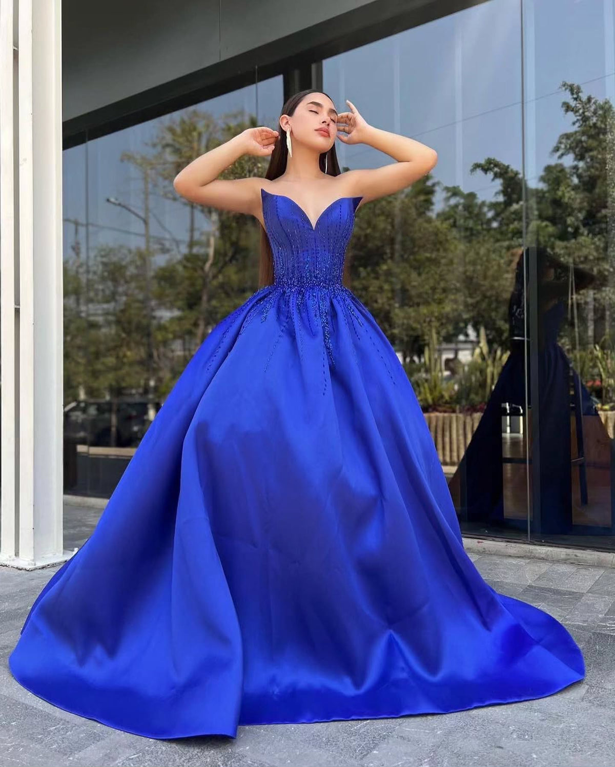 Strapless Royal Blue Beaded Long Prom Dress A-line Satin Evening Dress SQO013|Selinadress