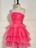 Strapless Ruffles Tiered Tulle Watermelon Homecoming Dress Short Party Dress SEA003