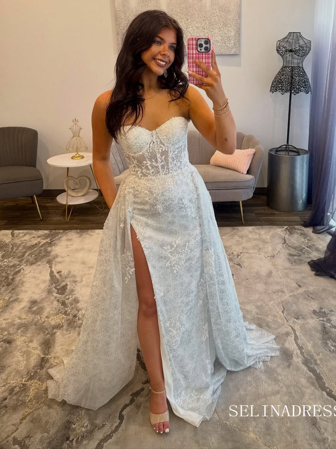 Strapless Sparkly Lace Wedding Gown with a Daring High Slit COK045|Selinadress