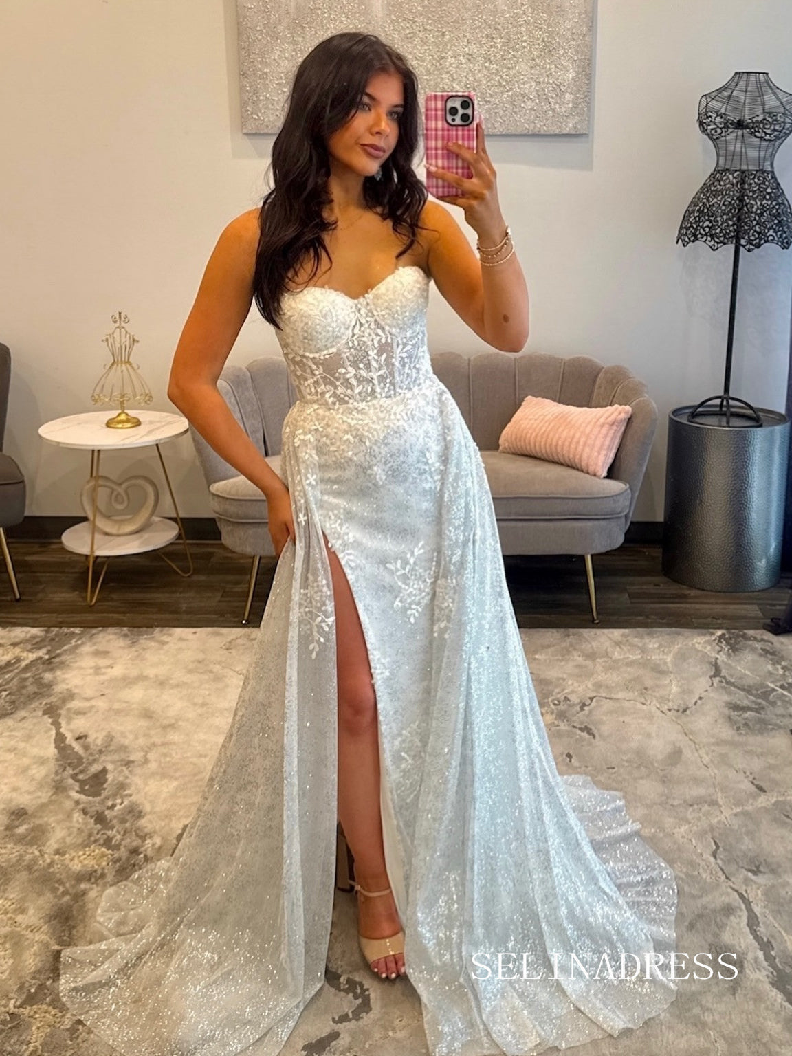Strapless Sparkly Lace Wedding Gown with a Daring High Slit COK045|Selinadress