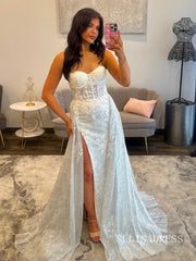 Strapless Sparkly Lace Wedding Gown with a Daring High Slit COK045|Selinadress