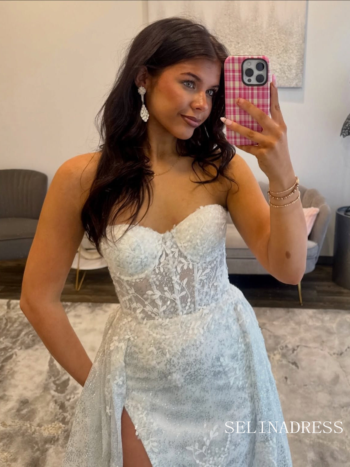 Strapless Sparkly Lace Wedding Gown with a Daring High Slit COK045|Selinadress