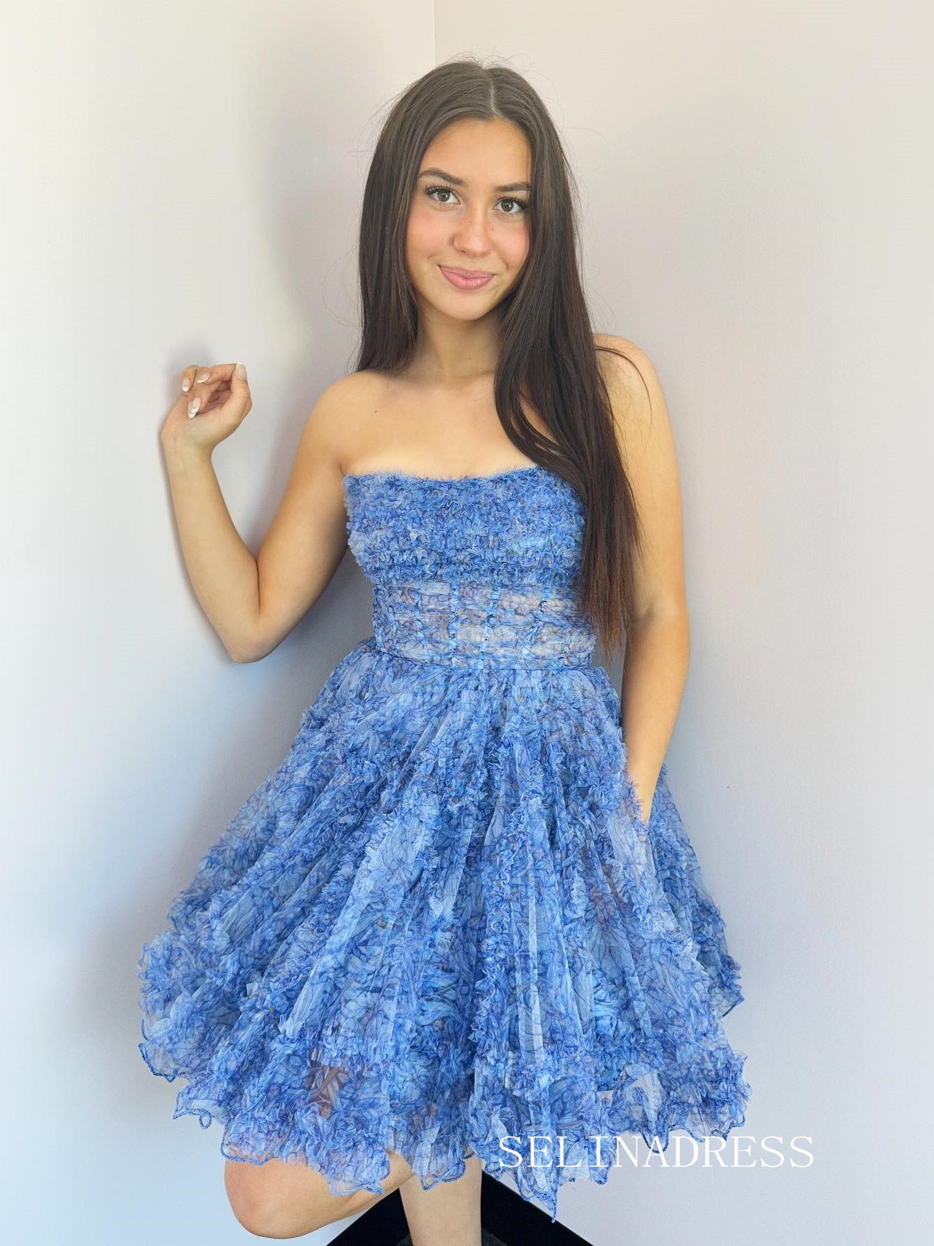 junior homecoming dress Fuchsia Ruffled Tulle A Line Keyhole Short Homecoming Dress for Junior Hebebridal