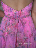 Strapless V neck Hot Pink Floral Long Prom Dress sew0604|Selinadress