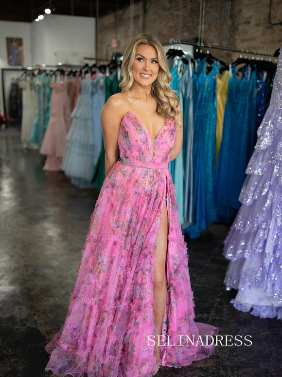 Strapless V neck Hot Pink Floral Long Prom Dress sew0604|Selinadress