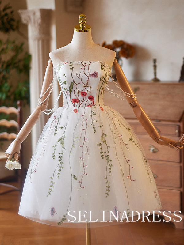 Strapless White Floral Cocktail Dress Pearl Cute Homecoming Dresses #ABC002|Selinadress