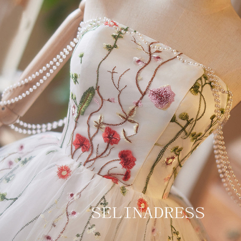 Strapless White Floral Cocktail Dress Pearl Cute Homecoming Dresses #ABC002|Selinadress