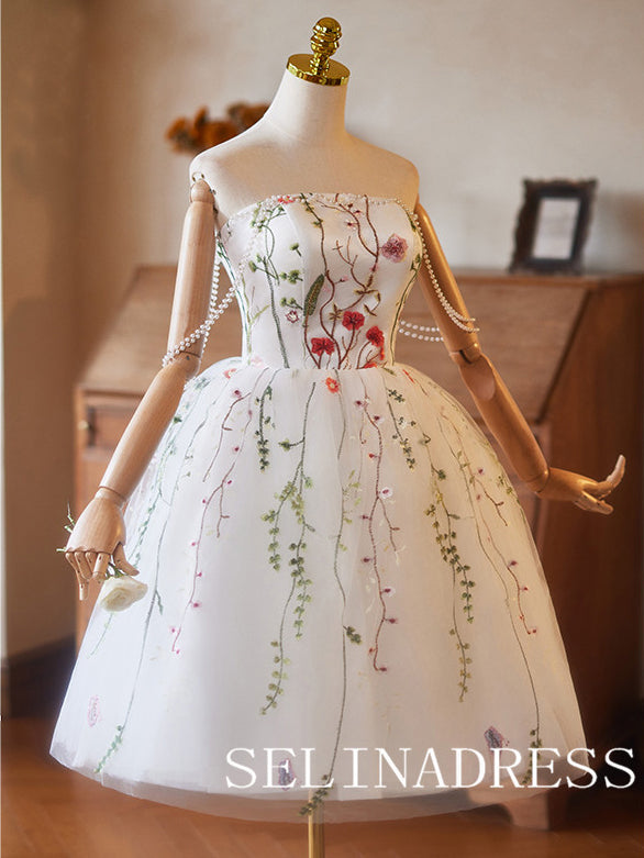 Strapless White Floral Cocktail Dress Pearl Cute Homecoming Dresses #ABC002|Selinadress
