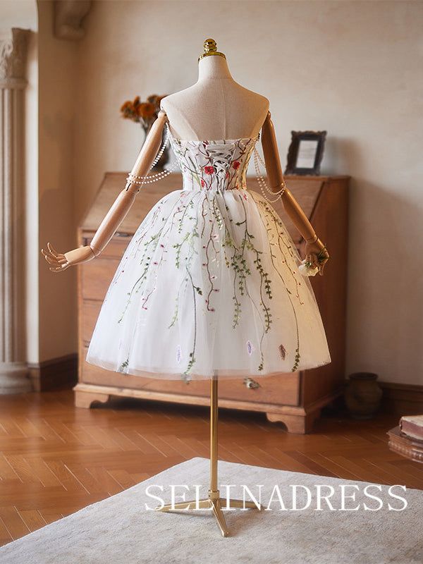 Strapless White Floral Cocktail Dress Pearl Cute Homecoming Dresses #ABC002|Selinadress