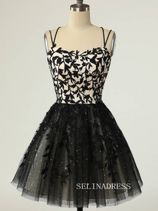 Straps Black Appliques Short Homecoming Dress with Sequins SEA009|Selinadress