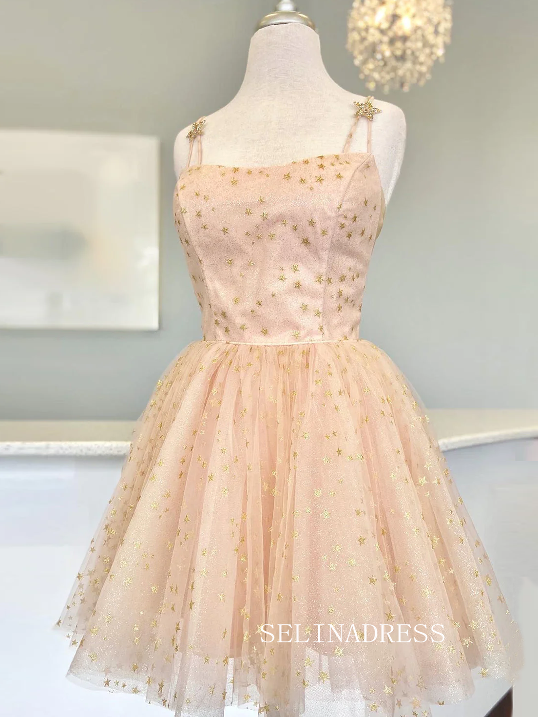 A-Line Straps Tulle Black Homecoming Dress with Gold Stars SEA018 SELINADRESS A-Line Straps Tulle Black Homecoming Dress with Gold Stars SEA018 SELINADRESS