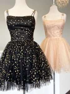 A-Line Straps Tulle Black Homecoming Dress with Gold Stars SEA018|Selinadress