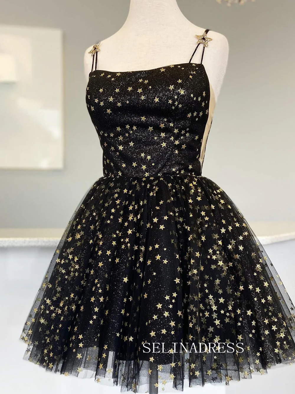 A-Line Straps Tulle Black Homecoming Dress with Gold Stars SEA018 SELINADRESS A-Line Straps Tulle Black Homecoming Dress with Gold Stars SEA018 SELINADRESS