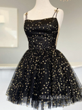 A-Line Straps Tulle Black Homecoming Dress with Gold Stars SEA018|Selinadress