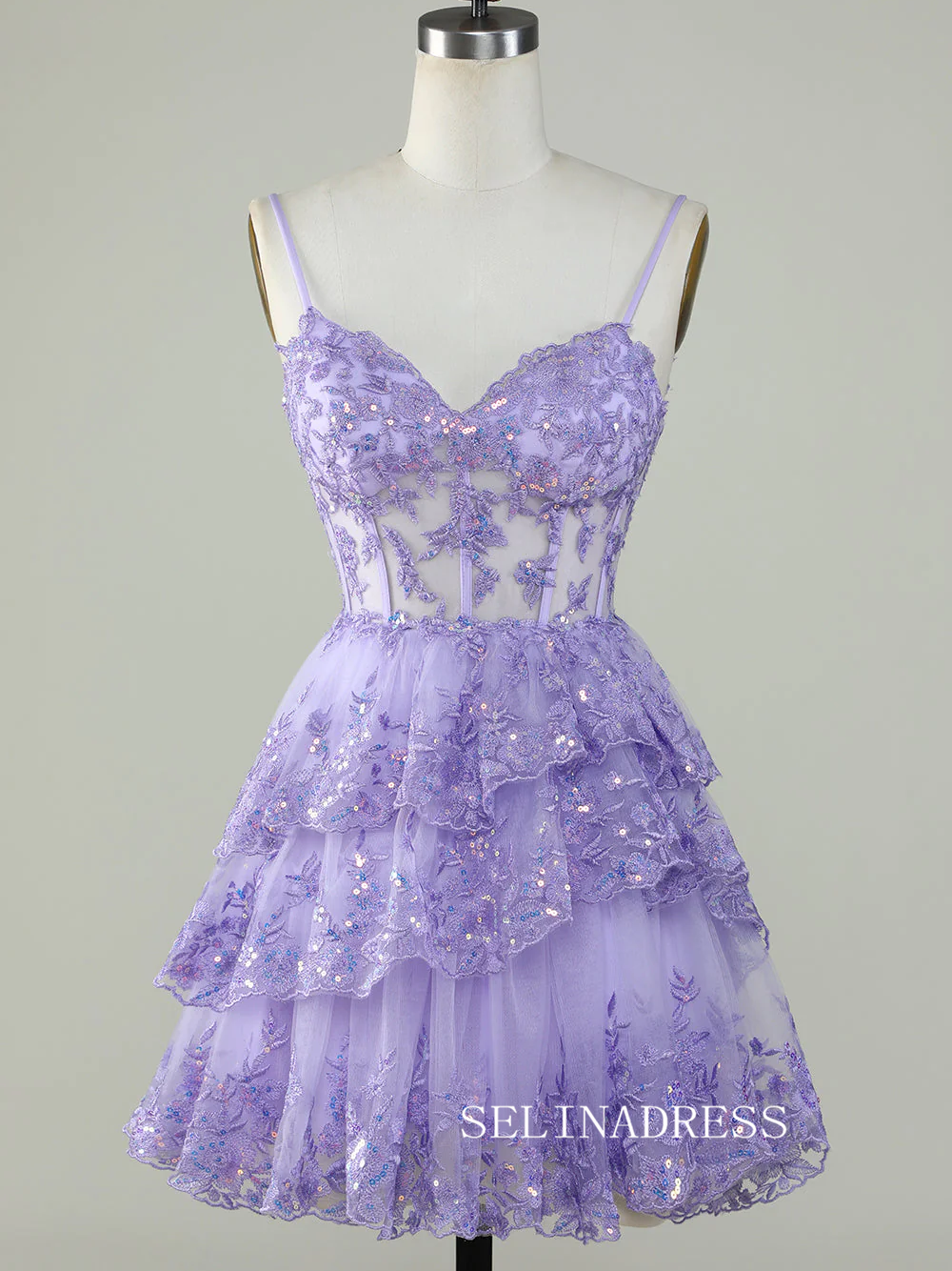 Straps Sequins Corset Layered Lavender Homecoming Dress Short Party Dr –  SELINADRESS