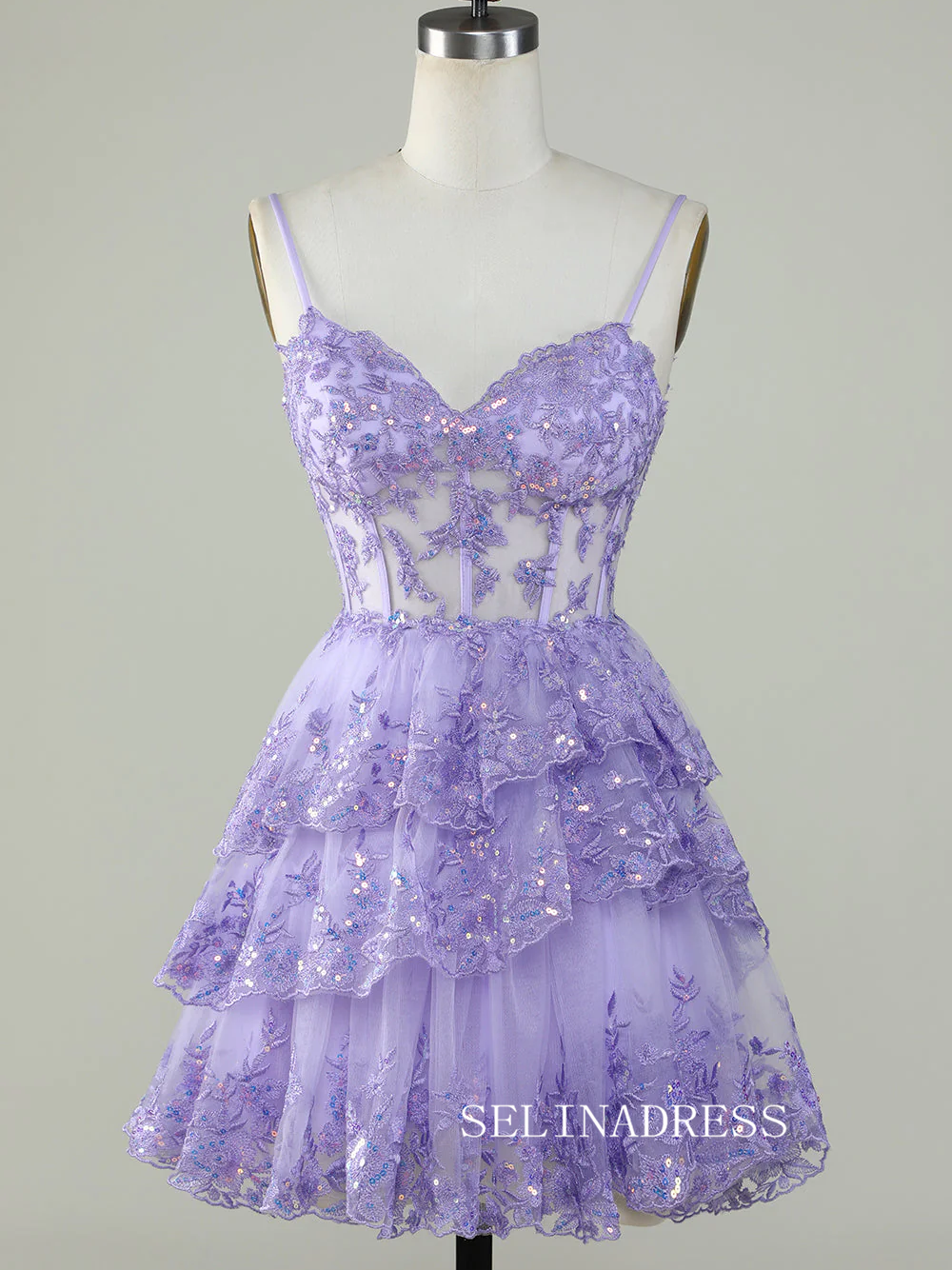 Straps Sequins Corset Layered Lavender Homecoming Dress Short Party Dr SELINADRESS Straps Sequins Corset Layered Lavender Homecoming Dress Short Party Dr SELINADRESS