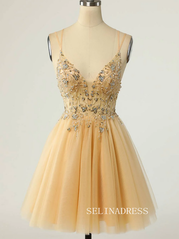 Straps Yellow Beaded Tulle Short Homecoming Dress SEA012|Selinadress