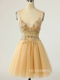 Straps Yellow Beaded Tulle Short Homecoming Dress SEA012|Selinadress