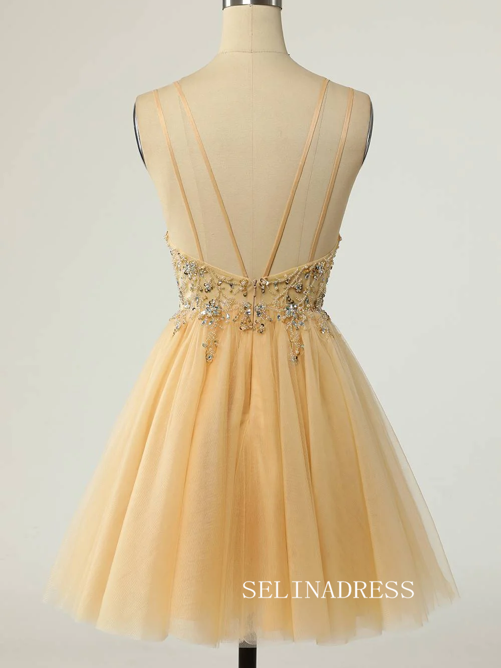 Straps Yellow Beaded Tulle Short Homecoming Dress SEA012 SELINADRESS Straps Yellow Beaded Tulle Short Homecoming Dress SEA012 SELINADRESS
