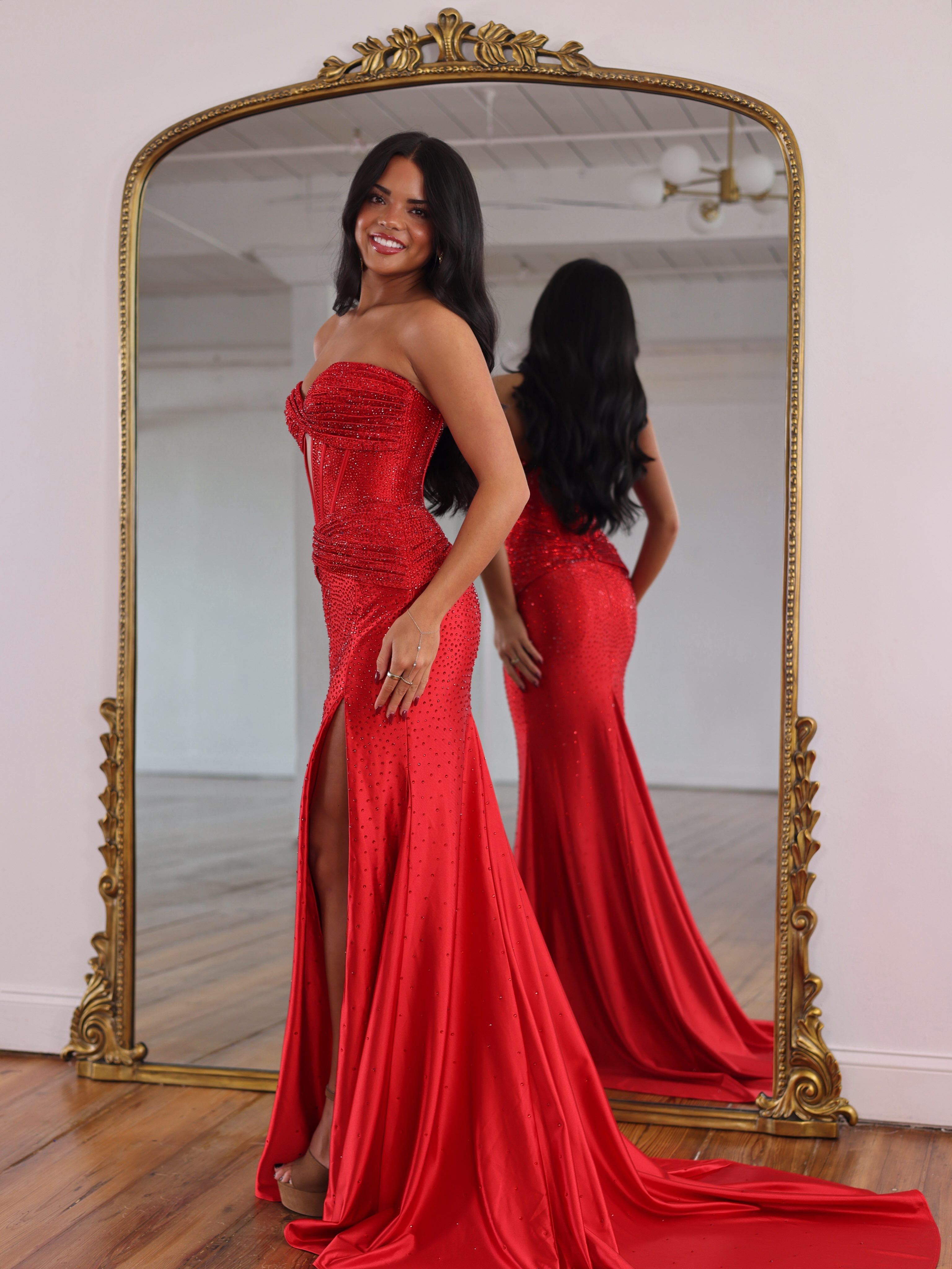 Striking Red Strapless Mermaid Evening Gown with Crystal Embellishments and Thigh-High Slit COK038|Selinadress