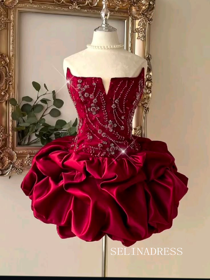 Stunning ‌Velvet Ruby Mini Ball Gown with Crystal Embellishments cok070|Selinadress