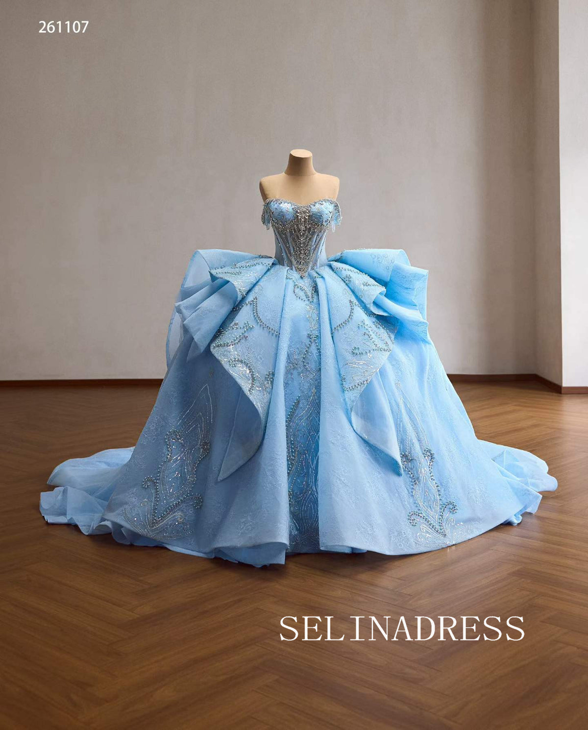 Stunning Ice Blue Ball Gown with Intricate Beaded Embellishments and Dramatic Ruffled Skirt 261107|Selinadress