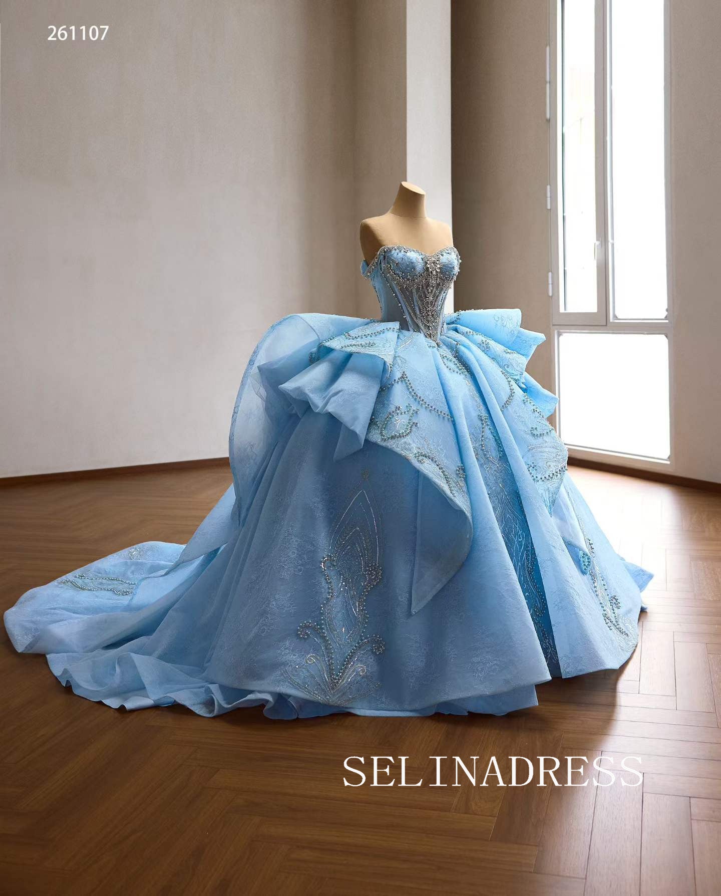 Stunning Ice Blue Ball Gown with Intricate Beaded Embellishments and Dramatic Ruffled Skirt 261107|Selinadress