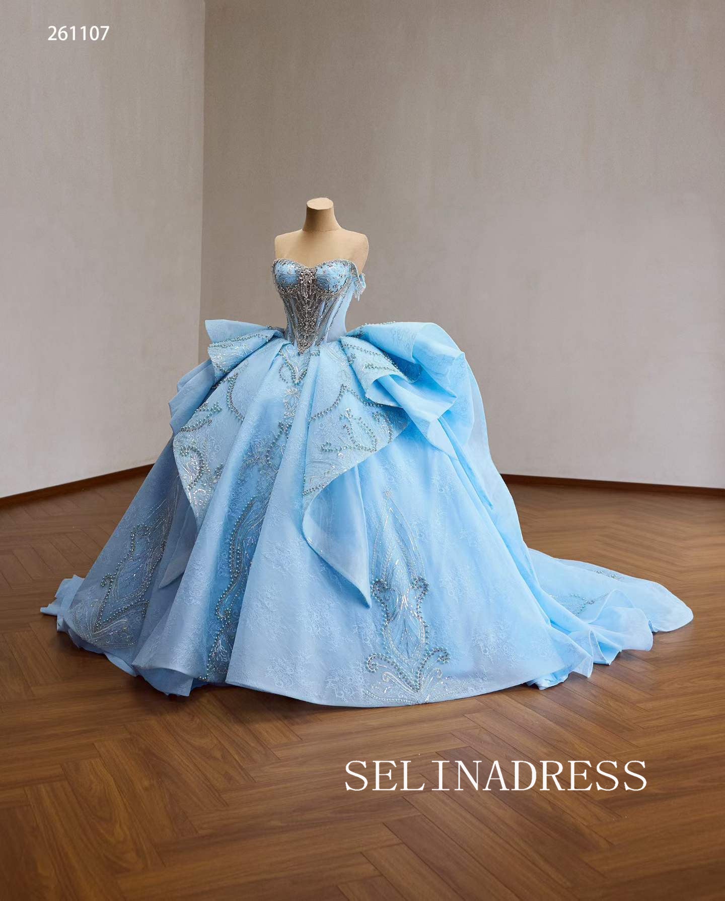 Stunning Ice Blue Ball Gown with Intricate Beaded Embellishments and Dramatic Ruffled Skirt 261107|Selinadress