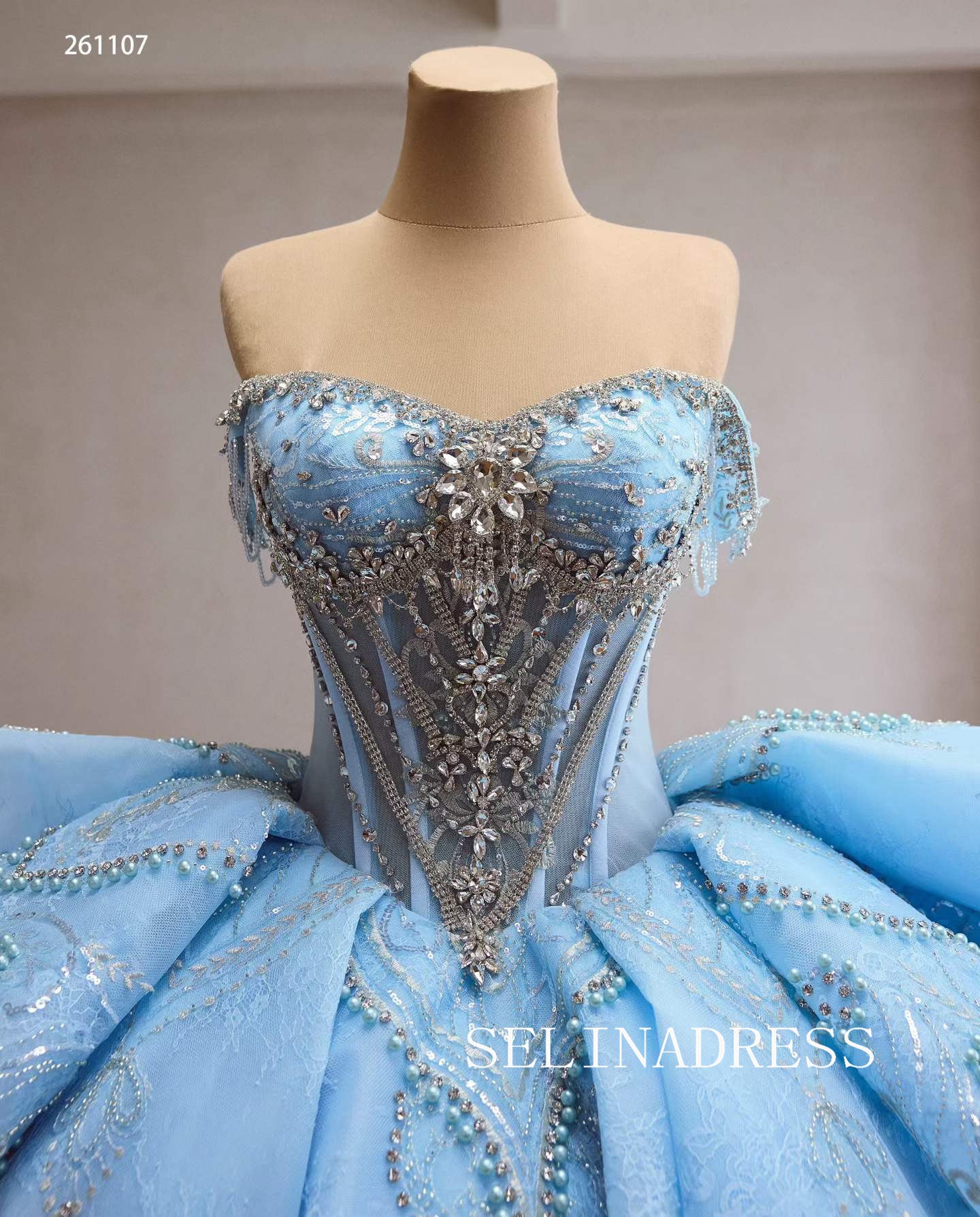 Stunning Ice Blue Ball Gown with Intricate Beaded Embellishments and Dramatic Ruffled Skirt 261107|Selinadress
