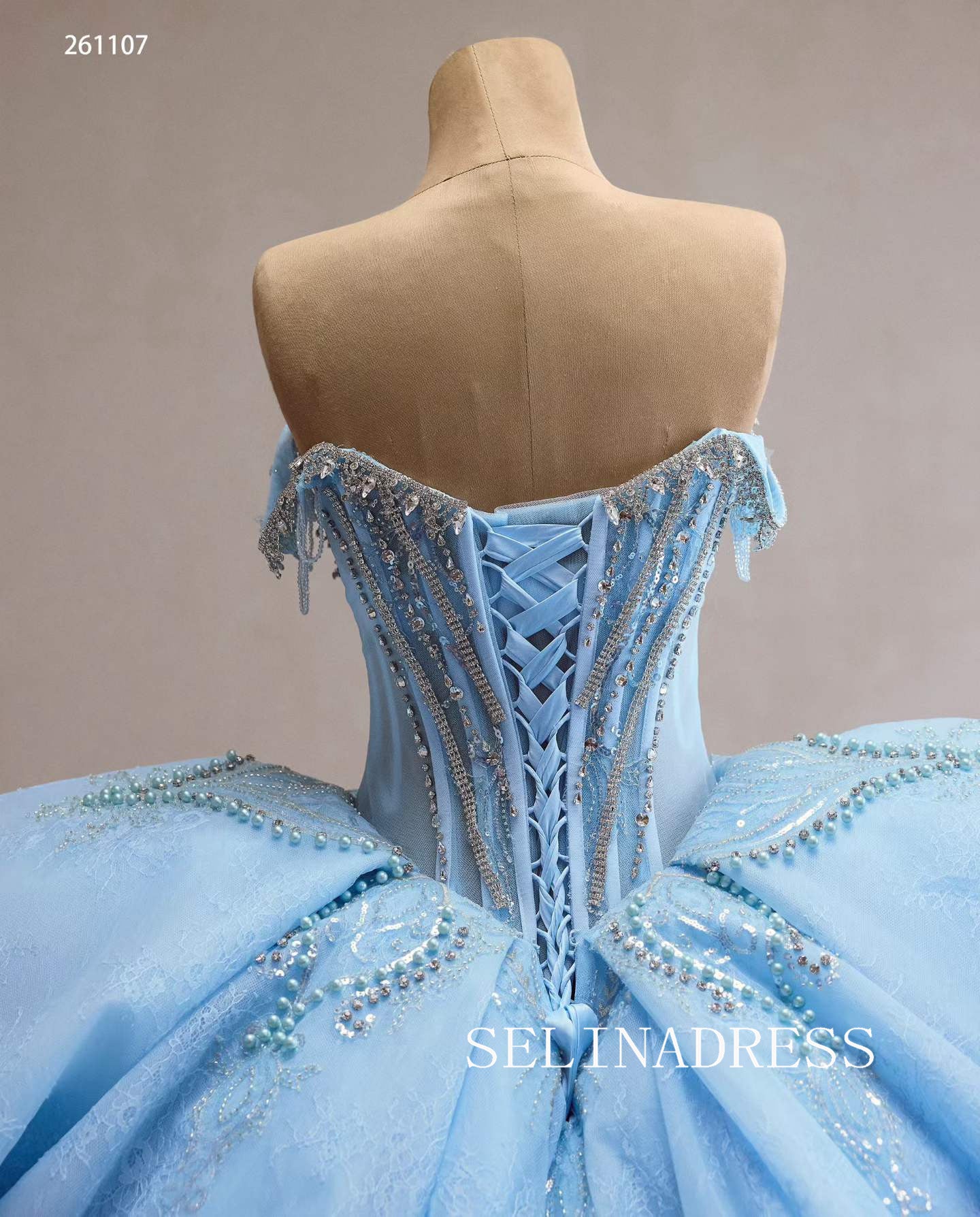 Stunning Ice Blue Ball Gown with Intricate Beaded Embellishments and Dramatic Ruffled Skirt 261107|Selinadress