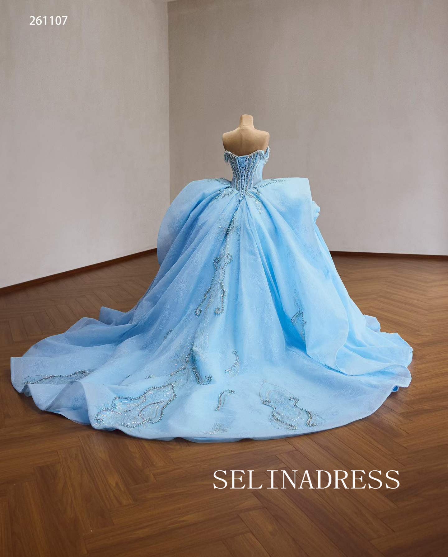 Stunning Ice Blue Ball Gown with Intricate Beaded Embellishments and Dramatic Ruffled Skirt 261107|Selinadress
