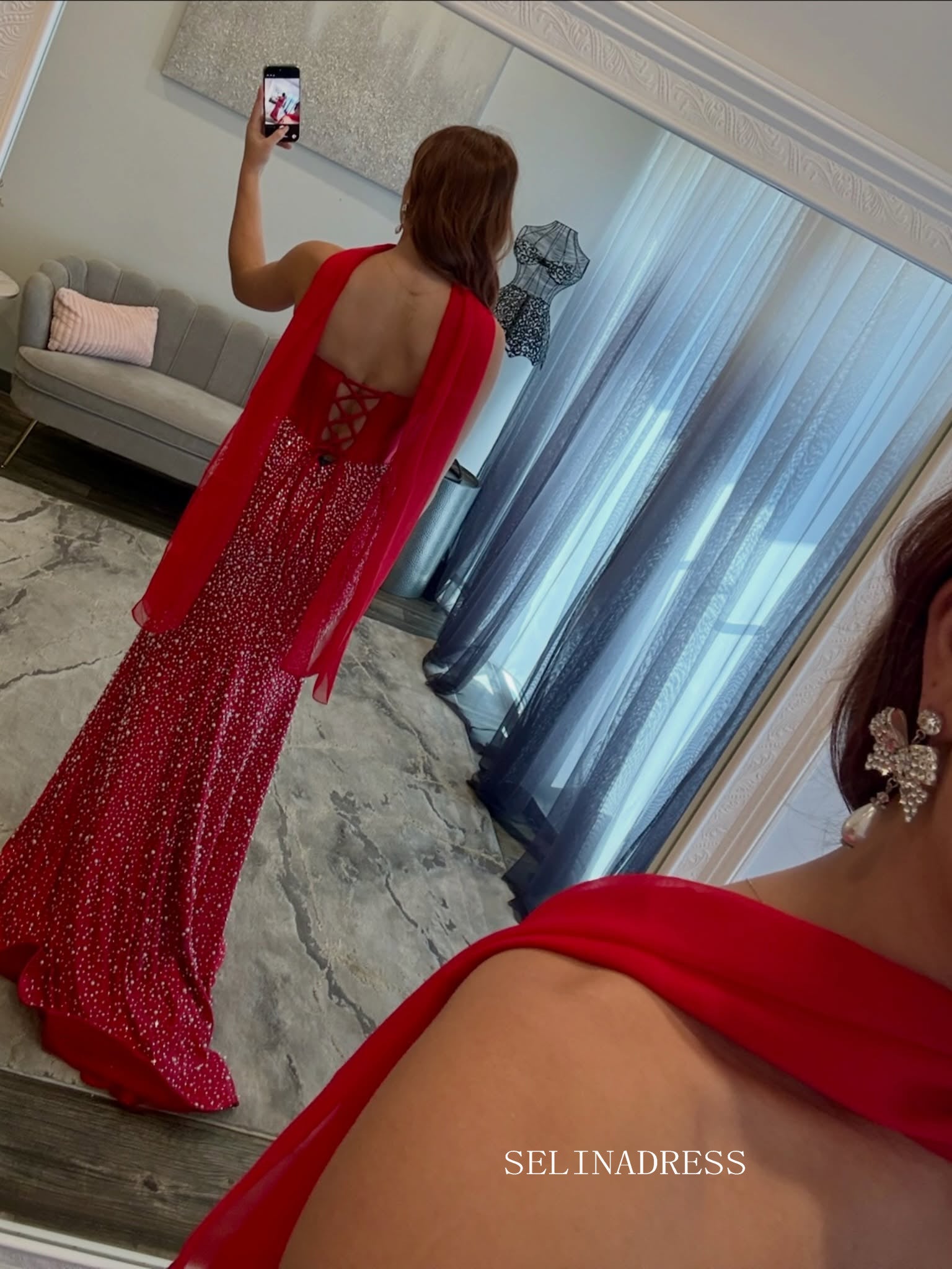 Stunning Red Mermaid Gown with Pearlescent Beading, High Slit, and Sheer Cape Back COK042|Selinadress