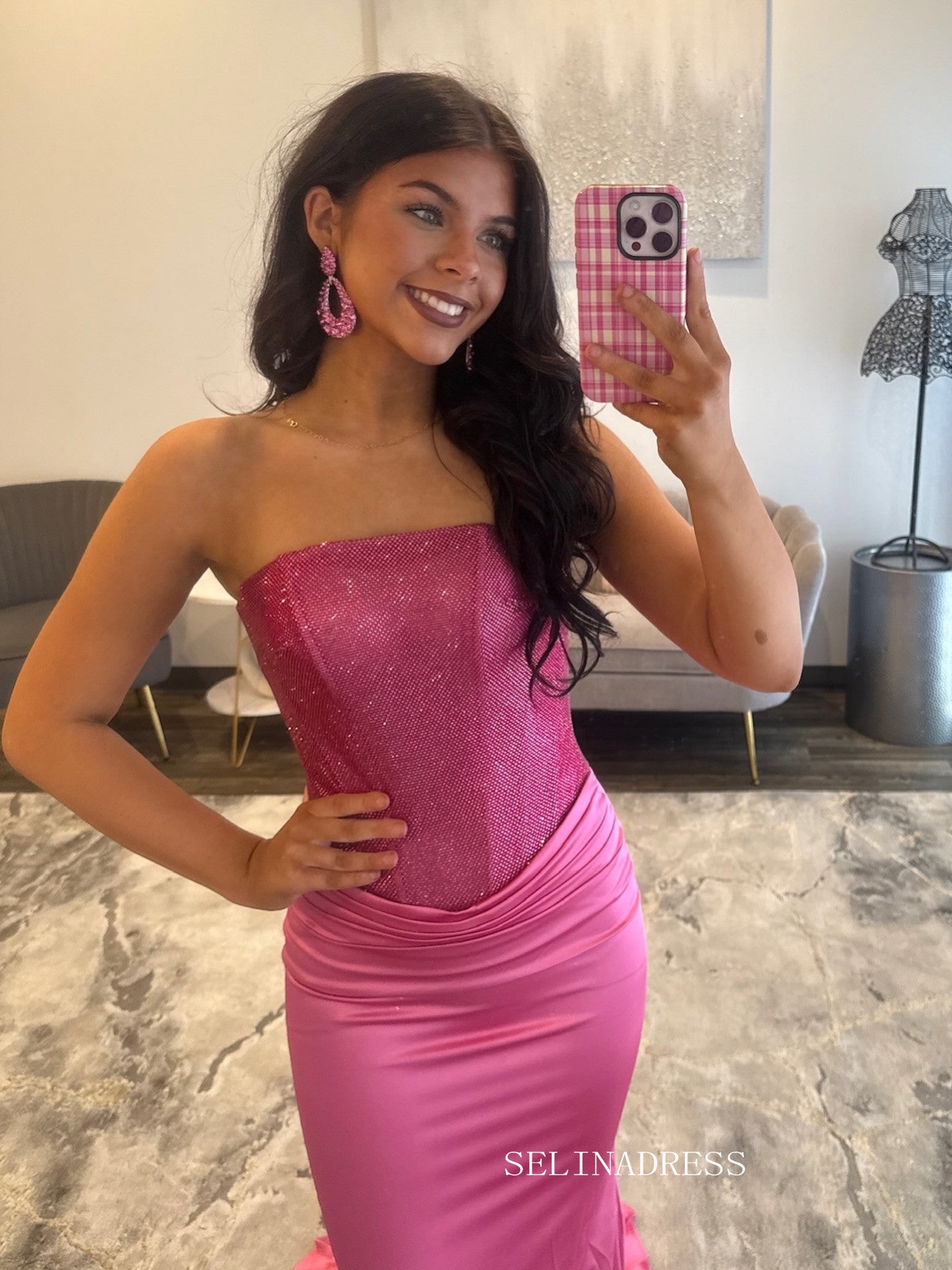 Stunning Strapless Hot Pink Mermaid Gown with Sequined Bodice and Dramatic Train COK041|Selinadress