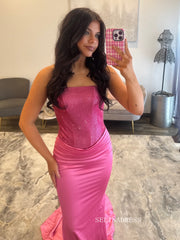 Stunning Strapless Hot Pink Mermaid Gown with Sequined Bodice and Dramatic Train COK041|Selinadress