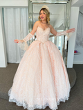 Sweetheart Beaded Pearl Pink Ball Gown Princess  Formal Gowns Evening Dress With Detachable Sleeves sew1090