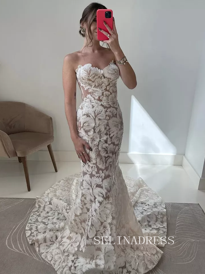 Sweetheart Floral Lace Wedding Dress Boho Mermaid Wedding Dress # SER0 SELINADRESS Sweetheart Floral Lace Wedding Dress Boho Mermaid Wedding Dress # SER0 SELINADRESS