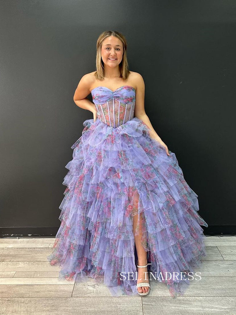 Sweetheart Floral Printed Tiered Lilac Ball Gown Evening Dress Long Pr SELINADRESS Sweetheart Floral Printed Tiered Lilac Ball Gown Evening Dress Long Pr SELINADRESS