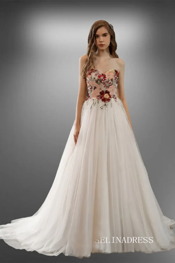 Sweetheart Floral Sleeveless Princess Sequin Chapel Train Wedding Dress TKL807|Selinadress