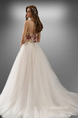 Sweetheart Floral Sleeveless Princess Sequin Chapel Train Wedding Dress TKL807|Selinadress