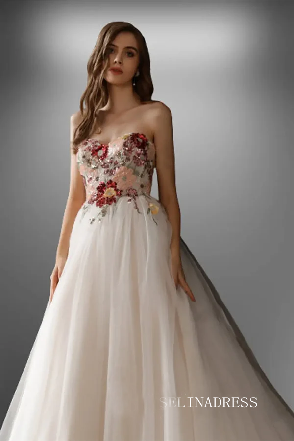 Sweetheart Floral Sleeveless Princess Sequin Chapel Train Wedding Dress TKL807|Selinadress