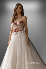 Sweetheart Floral Sleeveless Princess Sequin Chapel Train Wedding Dress TKL807|Selinadress
