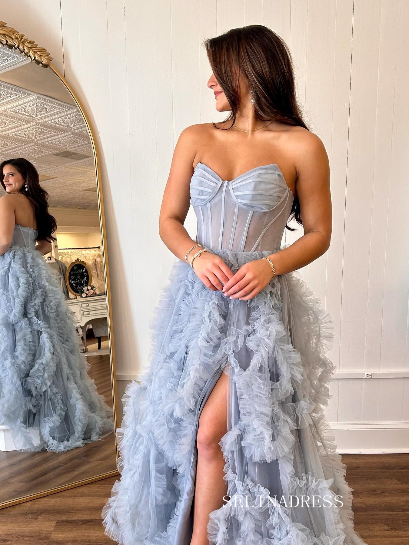 Sweetheart Gray Blue Tiered Tulle Ball Gown Long Princess Dress With S SELINADRESS Sweetheart Gray Blue Tiered Tulle Ball Gown Long Princess Dress With S SELINADRESS