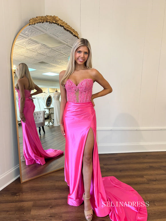 Sweetheart Hot Pink Lace Long Prom Dress With Slit lps019|Selinadress