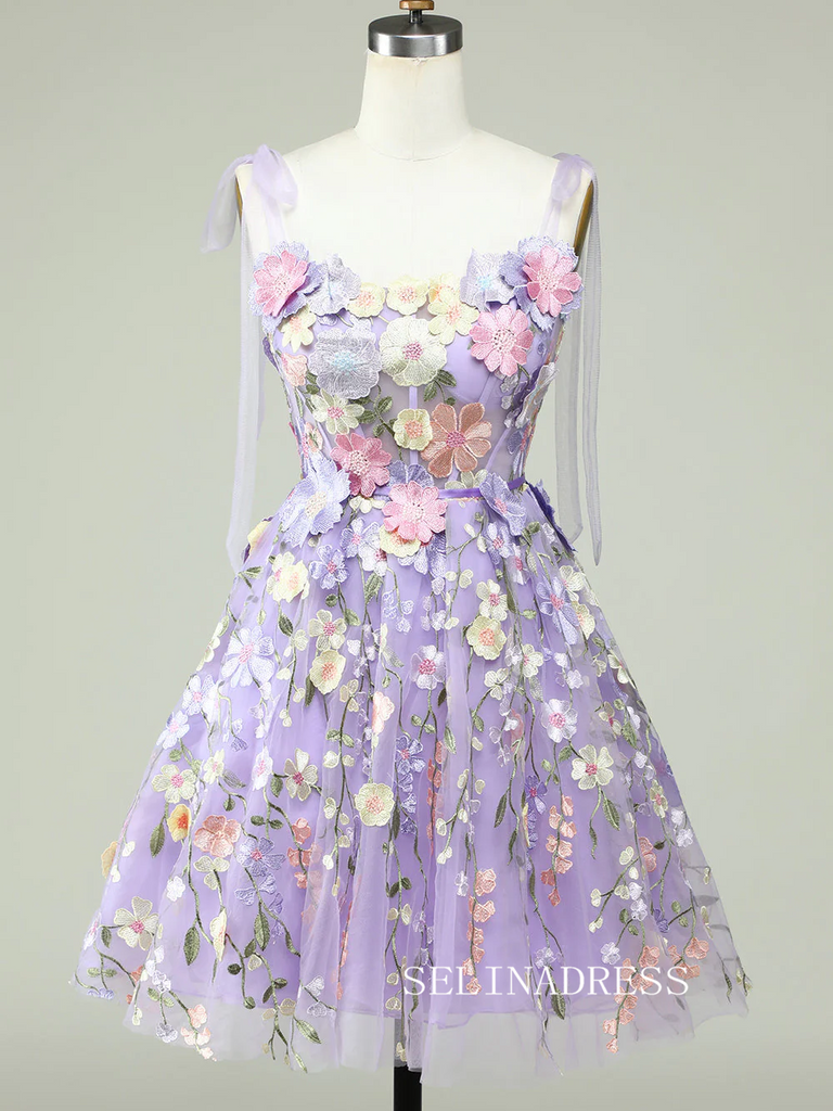 Tie Straps Lavender Embroidery Floral Homecoming Dresses Short Party D –  SELINADRESS