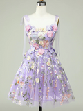 Tie Straps Lavender Embroidery Floral Homecoming Dresses Short Party Dress SEA001|Selinadress