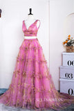 Two-Piece A-line Pink Ruffled Floral Long Prom Dress lps031|Selinadress